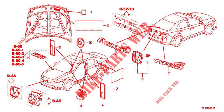 EMBLEMAS/ETIQUETAS CUIDADO  para Honda ACCORD 2.0 EX 4 portas automática de 5 velocidades 2013