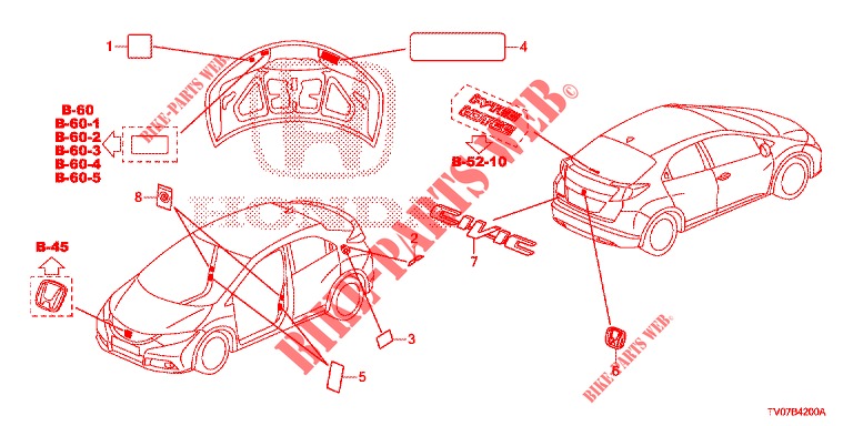 EMBLEMAS/ETIQUETAS CUIDADO  para Honda CIVIC DIESEL 1.6 S 5 portas 6 velocidades manuais 2013